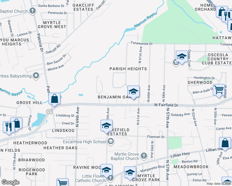 map of restaurants, bars, coffee shops, grocery stores, and more near 6366 West Fairfield Drive in Pensacola