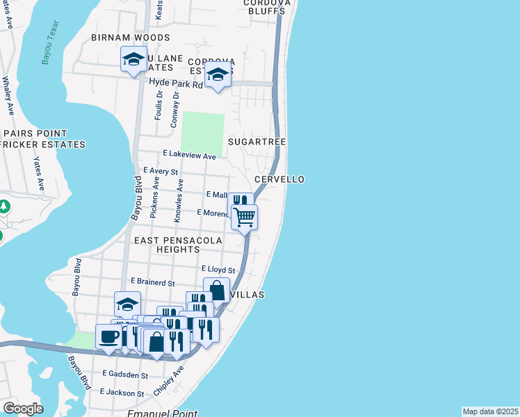 map of restaurants, bars, coffee shops, grocery stores, and more near 1200 Scenic Highway in Pensacola