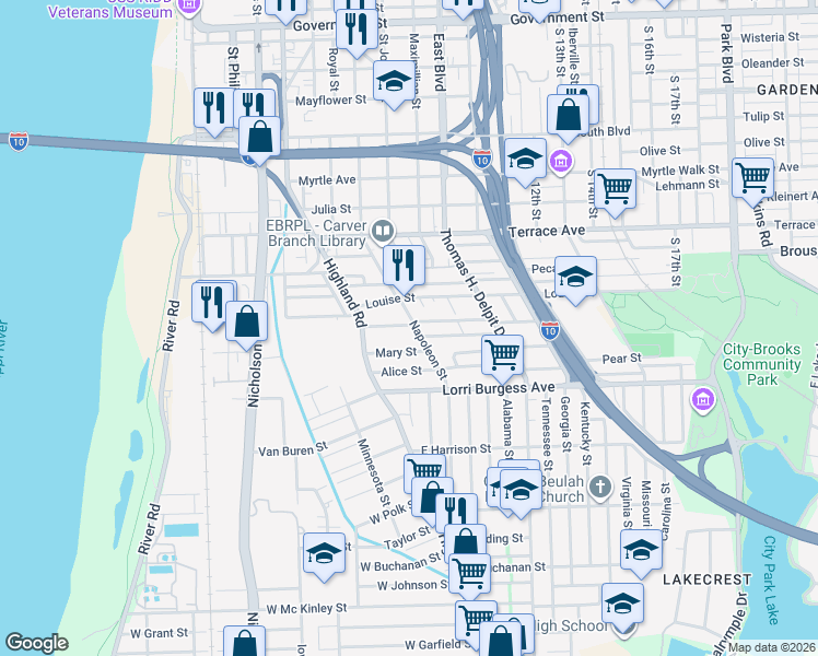 map of restaurants, bars, coffee shops, grocery stores, and more near 364 Howard Street in Baton Rouge
