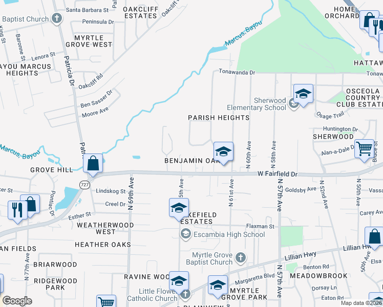 map of restaurants, bars, coffee shops, grocery stores, and more near 6374 West Fairfield Drive in Pensacola