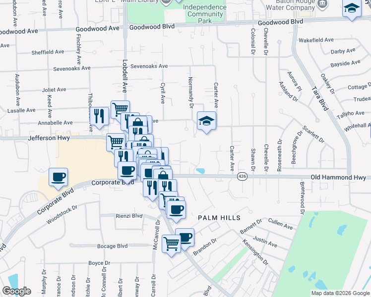map of restaurants, bars, coffee shops, grocery stores, and more near 7930 Wayside Drive in Baton Rouge