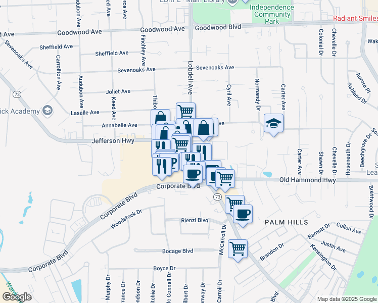 map of restaurants, bars, coffee shops, grocery stores, and more near Jefferson Hwy & Lobdell Ave in Baton Rouge