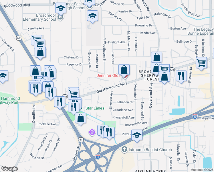 map of restaurants, bars, coffee shops, grocery stores, and more near 10217 Runnymede Avenue in Baton Rouge