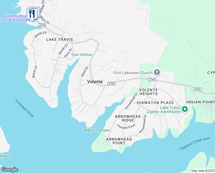 map of restaurants, bars, coffee shops, grocery stores, and more near 15210 Farm to Market Road 2769 in Volente