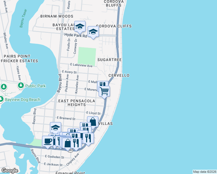 map of restaurants, bars, coffee shops, grocery stores, and more near 1255 Scenic Highway in Pensacola