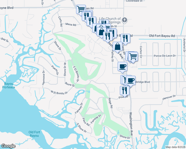 map of restaurants, bars, coffee shops, grocery stores, and more near 6300 Prado Road in Ocean Springs