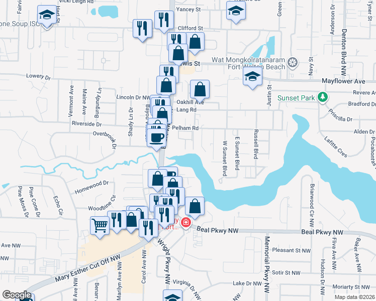 map of restaurants, bars, coffee shops, grocery stores, and more near 218 Pelham Road in Fort Walton Beach