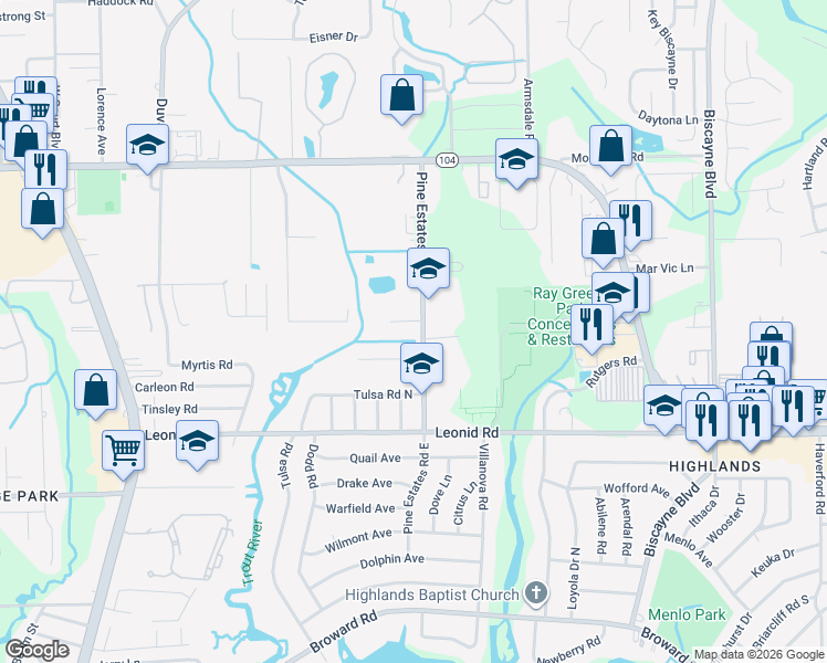 map of restaurants, bars, coffee shops, grocery stores, and more near 2442 Pine Estates Road East in Jacksonville