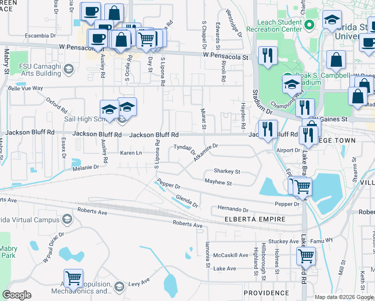 map of restaurants, bars, coffee shops, grocery stores, and more near 1812 Tyndall Drive in Tallahassee