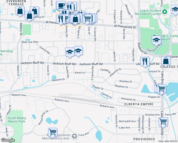 map of restaurants, bars, coffee shops, grocery stores, and more near 810 South Lipona Road in Tallahassee