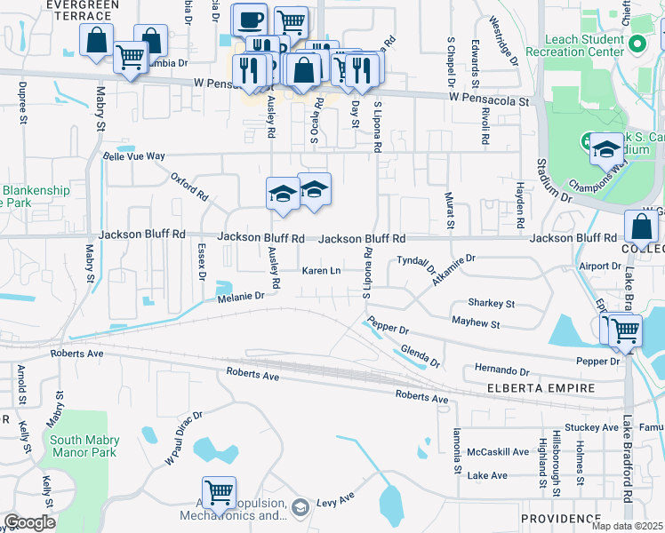 map of restaurants, bars, coffee shops, grocery stores, and more near 808 Evelyn Court in Tallahassee