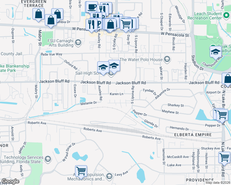 map of restaurants, bars, coffee shops, grocery stores, and more near 809 Jacqueline Lane in Tallahassee