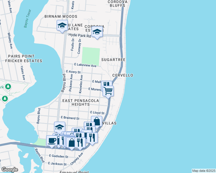map of restaurants, bars, coffee shops, grocery stores, and more near 1255 Scenic Highway in Pensacola
