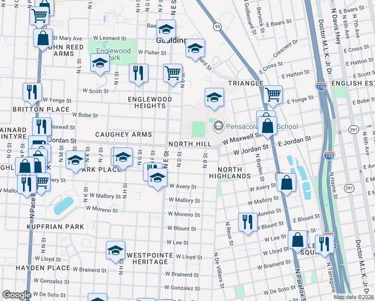 map of restaurants, bars, coffee shops, grocery stores, and more near in Goulding