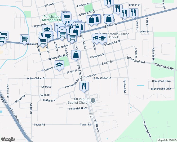 map of restaurants, bars, coffee shops, grocery stores, and more near 505 South 5th Street in Ponchatoula