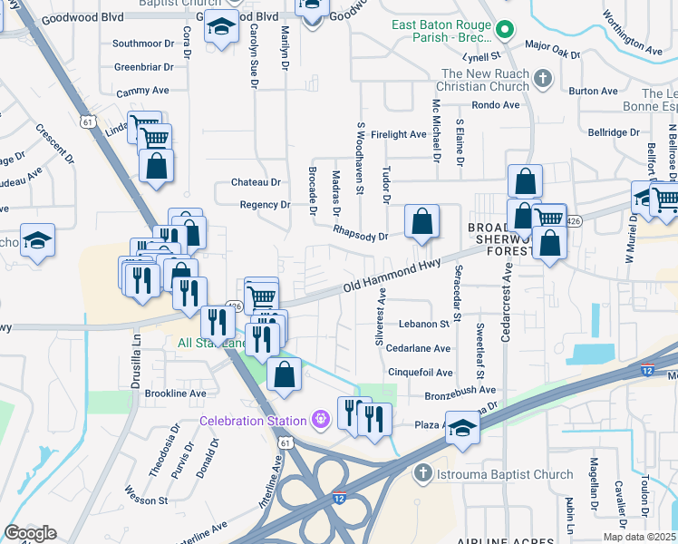 map of restaurants, bars, coffee shops, grocery stores, and more near 10157 Runnymede Avenue in Baton Rouge