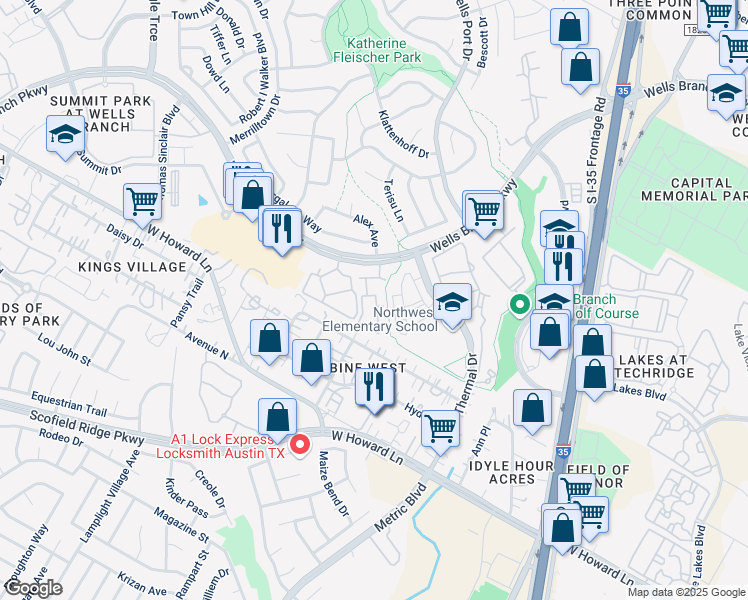 map of restaurants, bars, coffee shops, grocery stores, and more near 1125 Wells Branch Parkway in Pflugerville