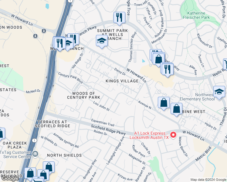 map of restaurants, bars, coffee shops, grocery stores, and more near 2400 Avenue North in Austin