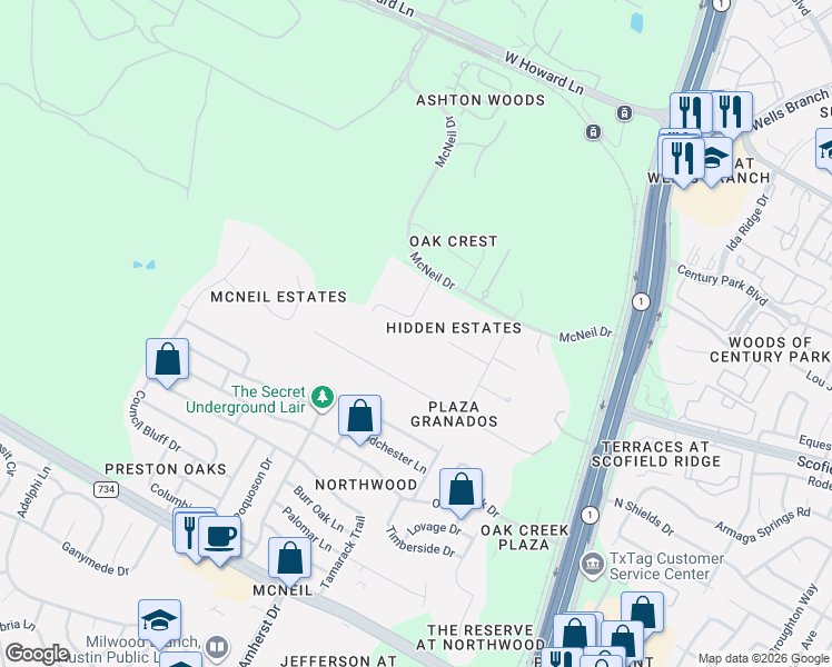 map of restaurants, bars, coffee shops, grocery stores, and more near 13313 Gene Allan Road in Austin