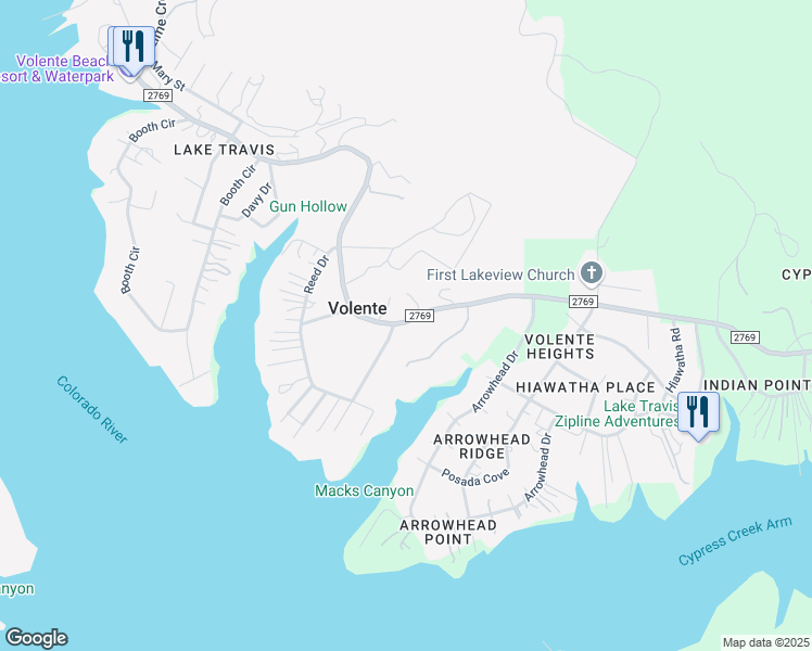 map of restaurants, bars, coffee shops, grocery stores, and more near 15210 Farm to Market Road 2769 in Volente