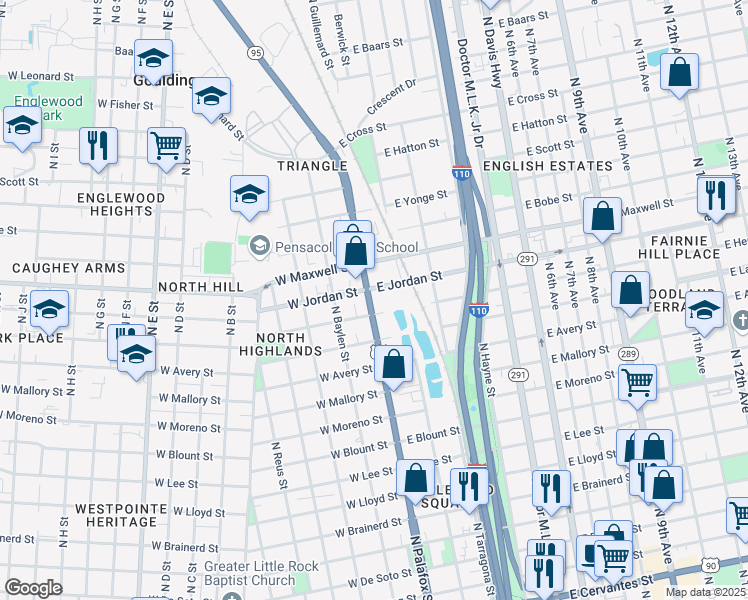 map of restaurants, bars, coffee shops, grocery stores, and more near 1-99 W Jordan St in Pensacola