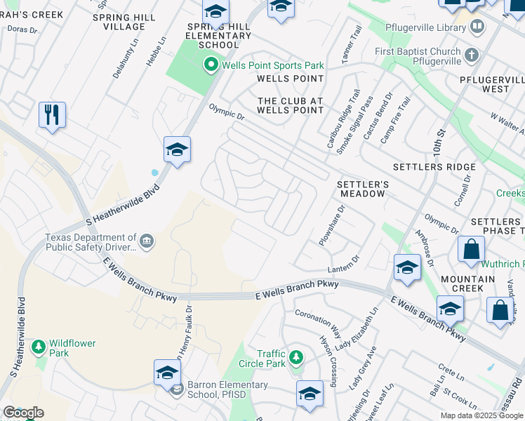 map of restaurants, bars, coffee shops, grocery stores, and more near Chisholm Tr in Pflugerville