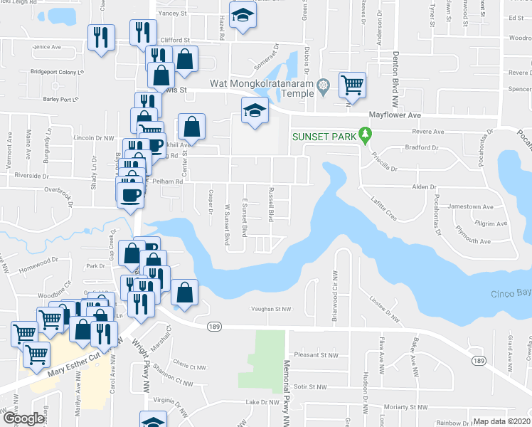 map of restaurants, bars, coffee shops, grocery stores, and more near 630 Russell Boulevard in Fort Walton Beach