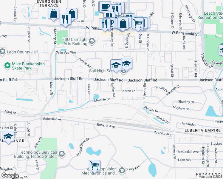 map of restaurants, bars, coffee shops, grocery stores, and more near 512 Ausley Road in Tallahassee
