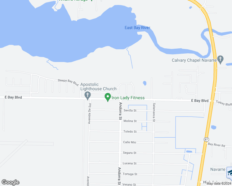 map of restaurants, bars, coffee shops, grocery stores, and more near 2741 Blue Bay Court in Navarre
