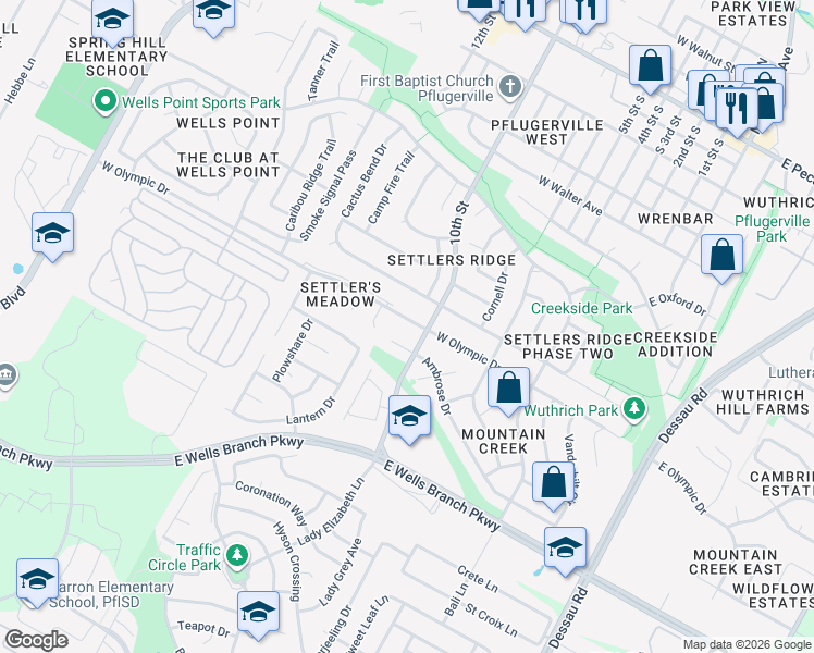 map of restaurants, bars, coffee shops, grocery stores, and more near 1005 West Olympic Drive in Pflugerville