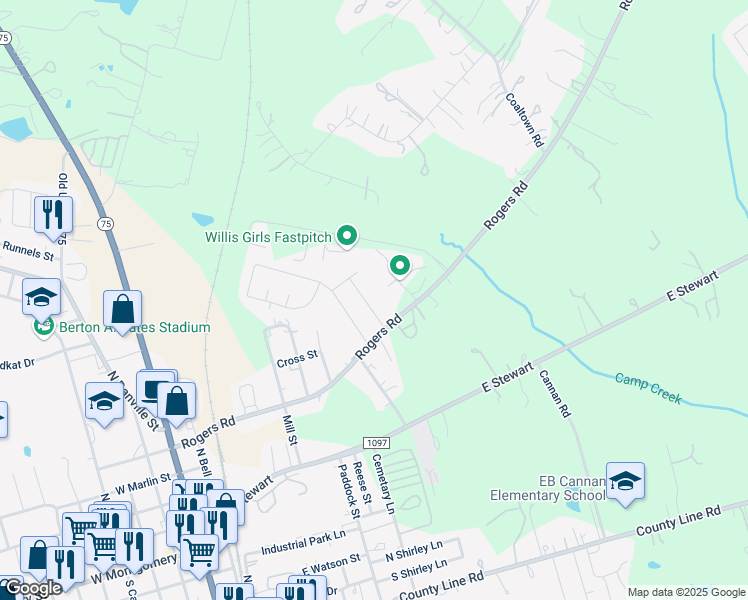 map of restaurants, bars, coffee shops, grocery stores, and more near 114 Peggy Lane in Willis
