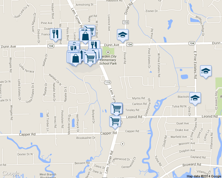 map of restaurants, bars, coffee shops, grocery stores, and more near 10903 Lem Turner Rd in Jacksonville