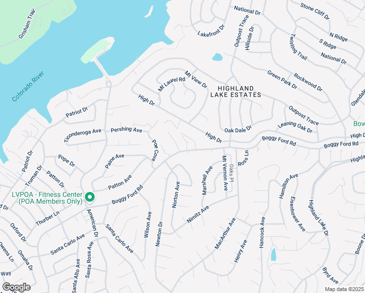 map of restaurants, bars, coffee shops, grocery stores, and more near 21208 Boggy Ford Road in Lago Vista