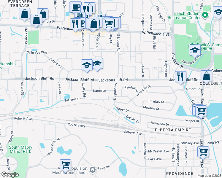 map of restaurants, bars, coffee shops, grocery stores, and more near 810 South Lipona Road in Tallahassee