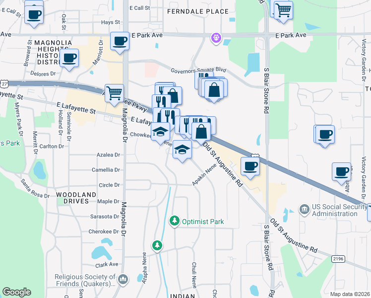 map of restaurants, bars, coffee shops, grocery stores, and more near 1405 Chowkeebin Nene in Tallahassee