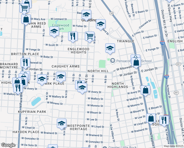 map of restaurants, bars, coffee shops, grocery stores, and more near in Goulding