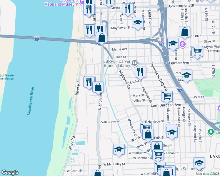 map of restaurants, bars, coffee shops, grocery stores, and more near 1592 Chatsworth Street in Baton Rouge