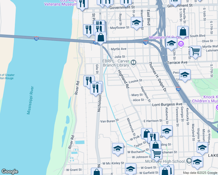 map of restaurants, bars, coffee shops, grocery stores, and more near 1592 Chatsworth Street in Baton Rouge