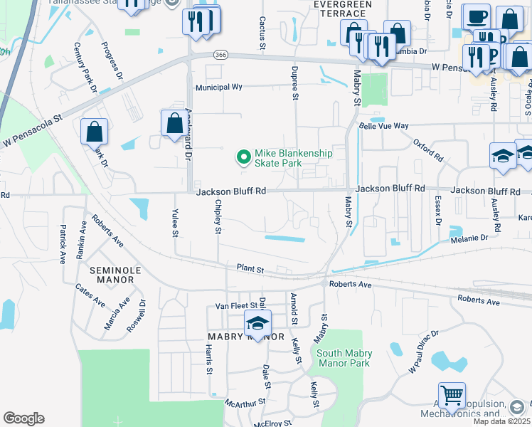 map of restaurants, bars, coffee shops, grocery stores, and more near 2830 Jackson Bluff Road in Tallahassee