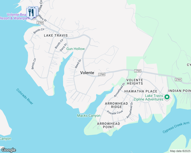 map of restaurants, bars, coffee shops, grocery stores, and more near 15210 Farm to Market Road 2769 in Volente