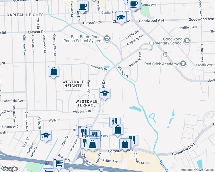 map of restaurants, bars, coffee shops, grocery stores, and more near 1755 College Drive in Baton Rouge