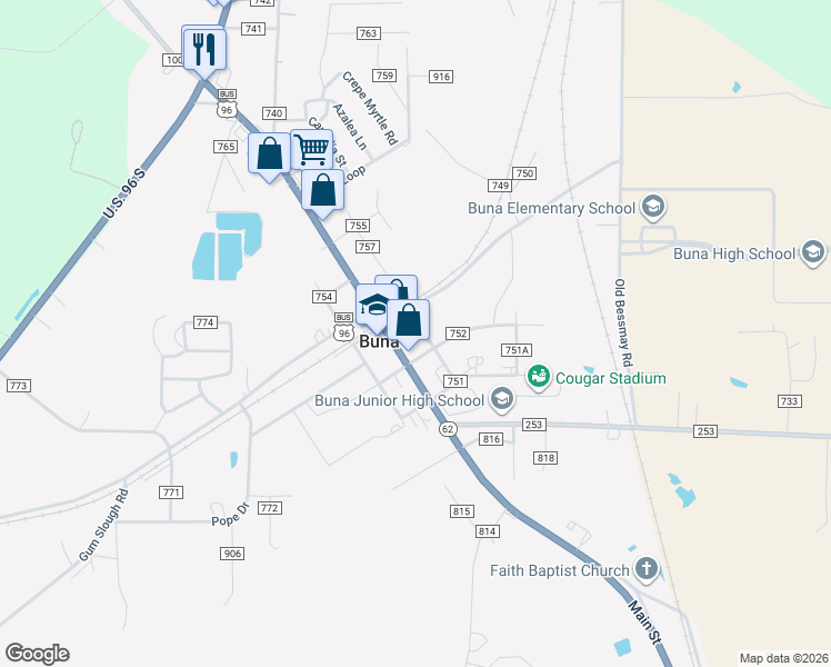 map of restaurants, bars, coffee shops, grocery stores, and more near 745 County Road 725 in Buna