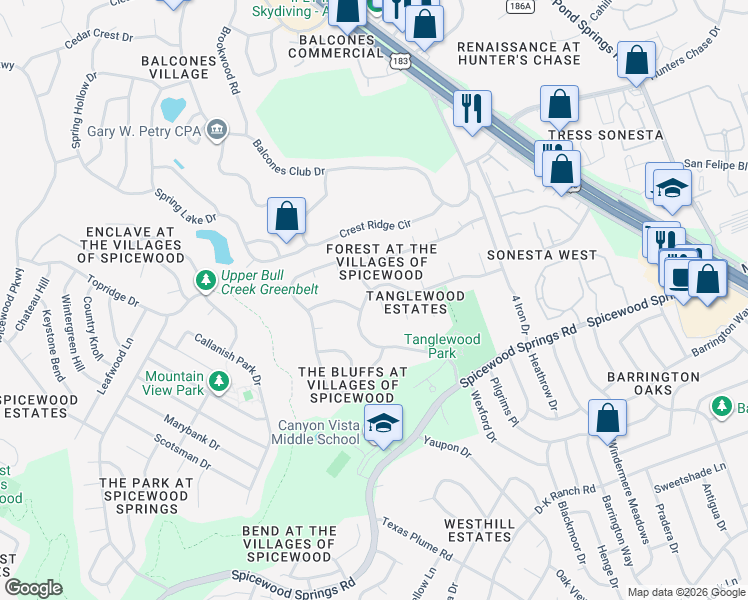 map of restaurants, bars, coffee shops, grocery stores, and more near 11503 Rustic Rock Drive in Austin