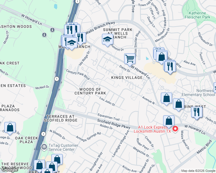 map of restaurants, bars, coffee shops, grocery stores, and more near 2608 Century Park Boulevard in Austin