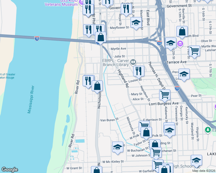 map of restaurants, bars, coffee shops, grocery stores, and more near 1592 Chatsworth Street in Baton Rouge