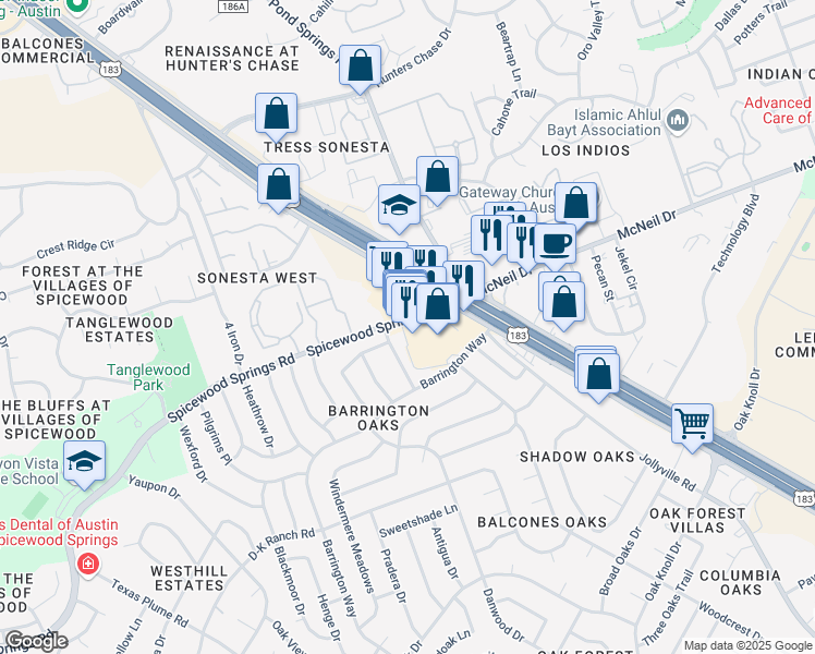 map of restaurants, bars, coffee shops, grocery stores, and more near 8638 Spicewood Springs Road in Austin