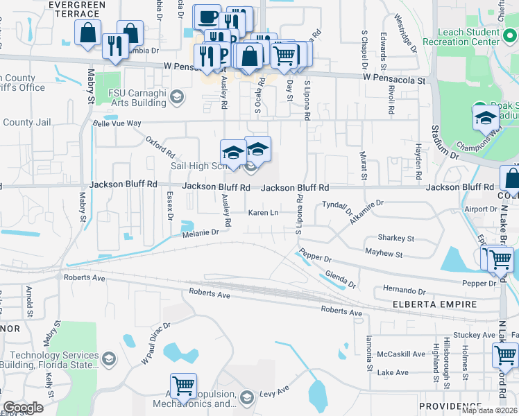 map of restaurants, bars, coffee shops, grocery stores, and more near 809 Jacqueline Lane in Tallahassee