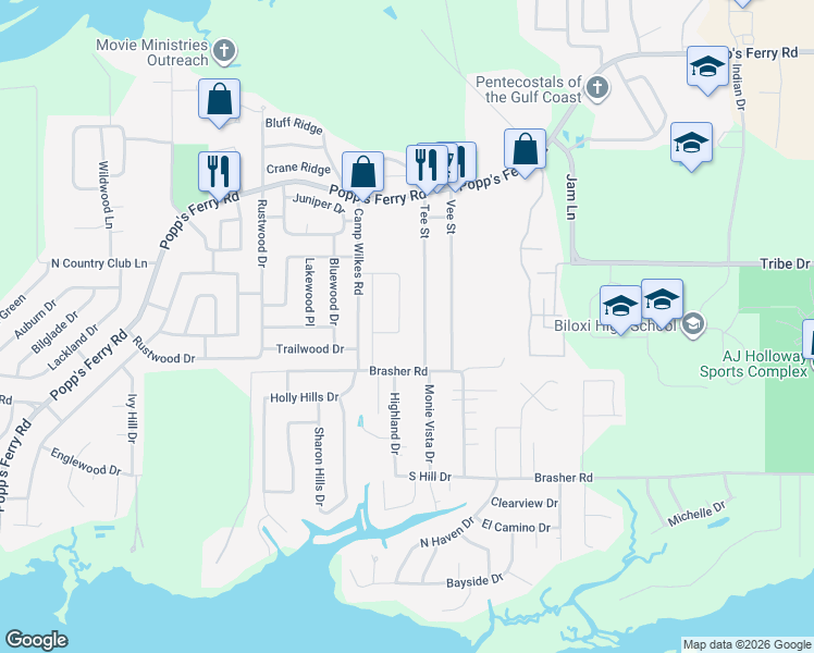 map of restaurants, bars, coffee shops, grocery stores, and more near 831 Tee Street in Biloxi