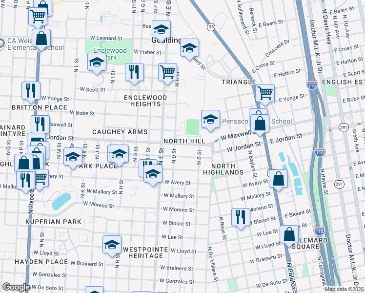 map of restaurants, bars, coffee shops, grocery stores, and more near in Goulding
