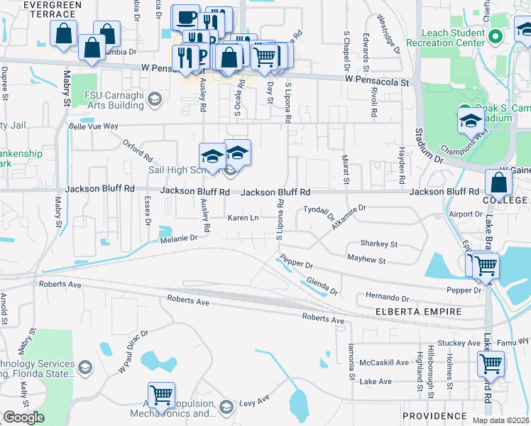 map of restaurants, bars, coffee shops, grocery stores, and more near 808 Evelyn Court in Tallahassee